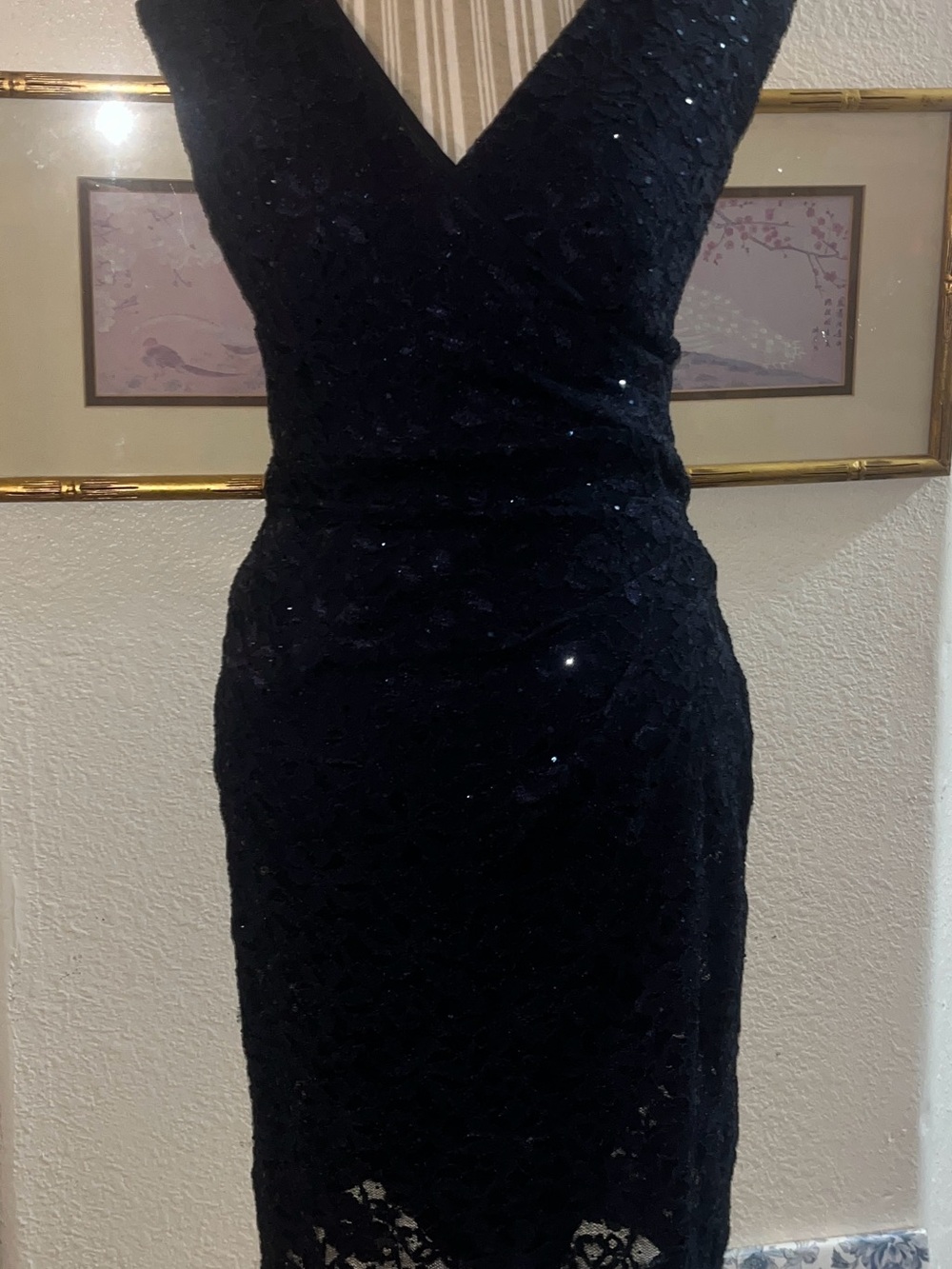 Designed 1962 Navy Sequin Lace Cocktail Dress Size 8 V Neck Formal Party